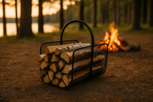 Stacked firewood in a mesh carrier near a campfire at sunset in a forest